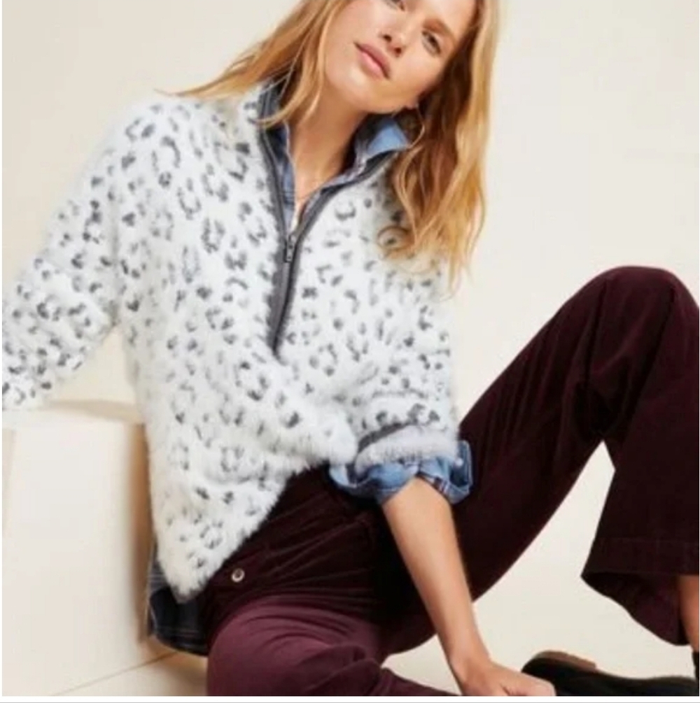 NWT Anthropologie Cindy Eyelash Snow Leopard Quarter Zip